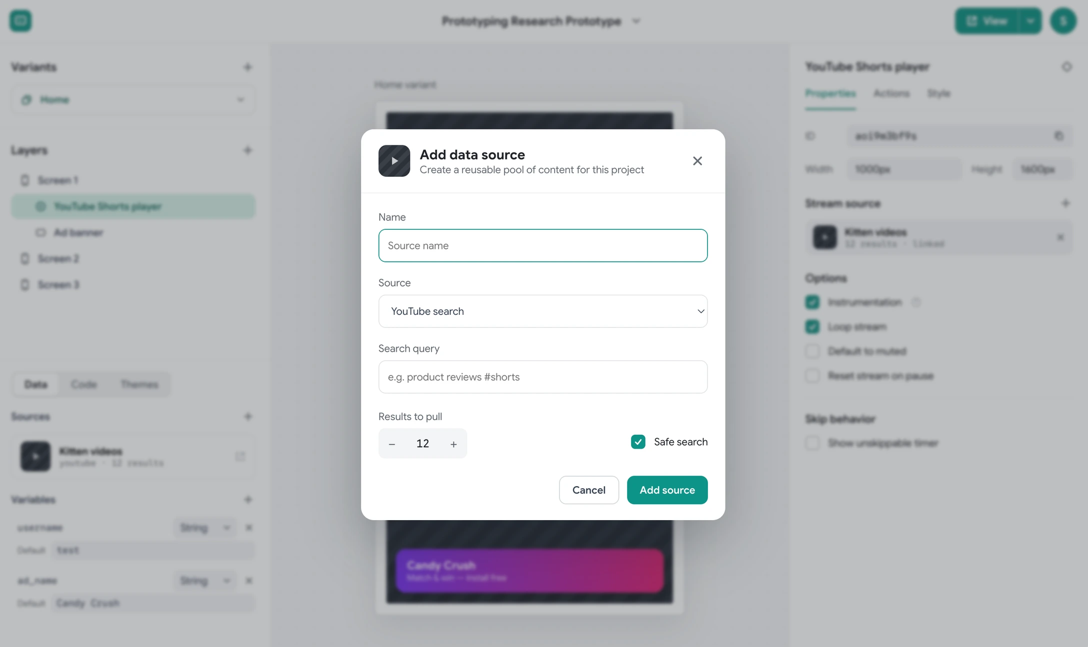 The 'Add data source' dialog, building a reusable pool of content from a YouTube search: a source name, a search query, the number of results to pull, and a safe-search toggle