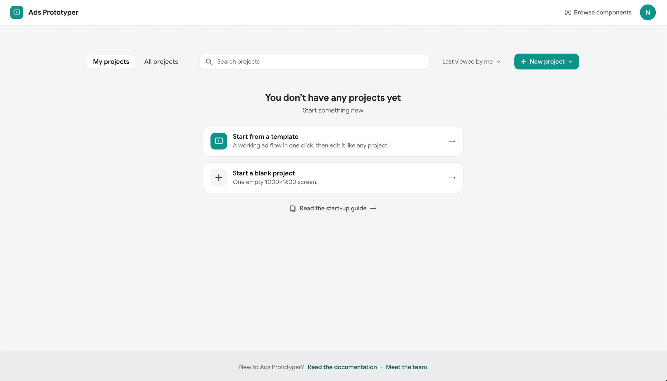 The page a new user sees who has no projects